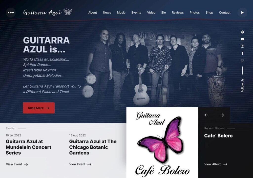 Guitarra Azul band website homepage screenshot.