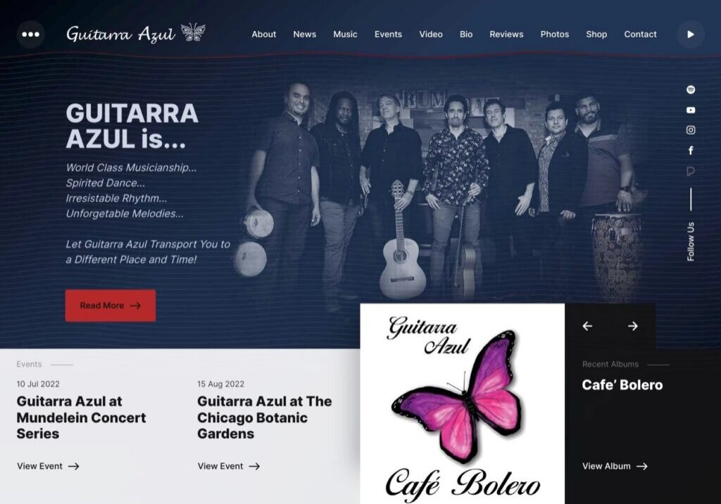 Guitarra Azul band website homepage screenshot.